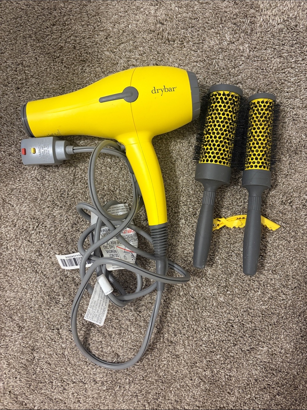 Drybar Yellow Hair Dryer with Matching Yellow & Gray Round Brushes